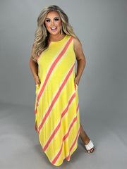 LD-R [Big Adventure} Yellow Stripe Print Maxi Dress PLUS SIZE 1X 2X 3X