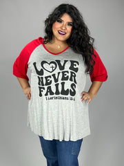 27 GT {Love Never Fails} Grey/Red Graphic TeeCURVY BRAND!!! EXTENDED PLUS SIZE XL 2X 3X 4X 5X 6X