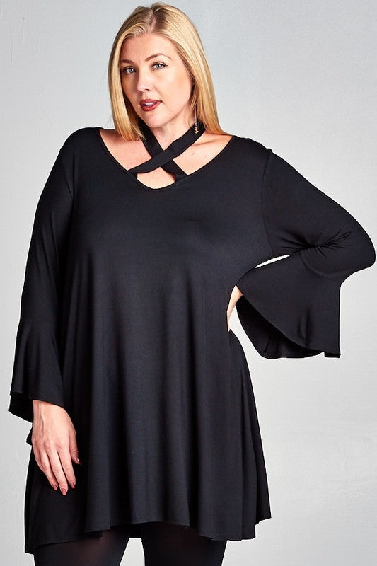 37 SQ {Dreaming Of Elegance} Black V-Neck Top w/ Tie Cross Neck Detail PLUS SIZE XL 2X 3X