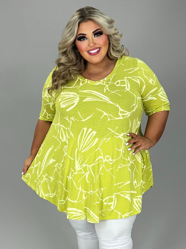 48 PSS {My Sassy Mode} Lime/Ivory Print V-Neck Top EXTENDED PLUS SIZE 3X 4X 5X