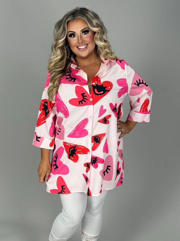 74 PSS {Feeling Happy} Pink Heart Print Button Up Tunic PLUS SIZE 1X 2X 3X