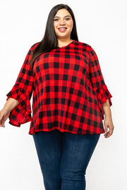 18 PQ {Ideal Confidence} Red/Black Plaid V-Neck Top  w/Ruffle Sleeves EXTENDED PLUS 4X 5X 6X