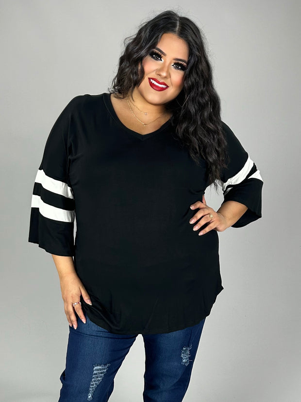 SALE!! 69 CP-R {Pleasantly Surprised} Black V-Neck Top w/Striped Sleeve PLUS SIZE XL 2X 3X