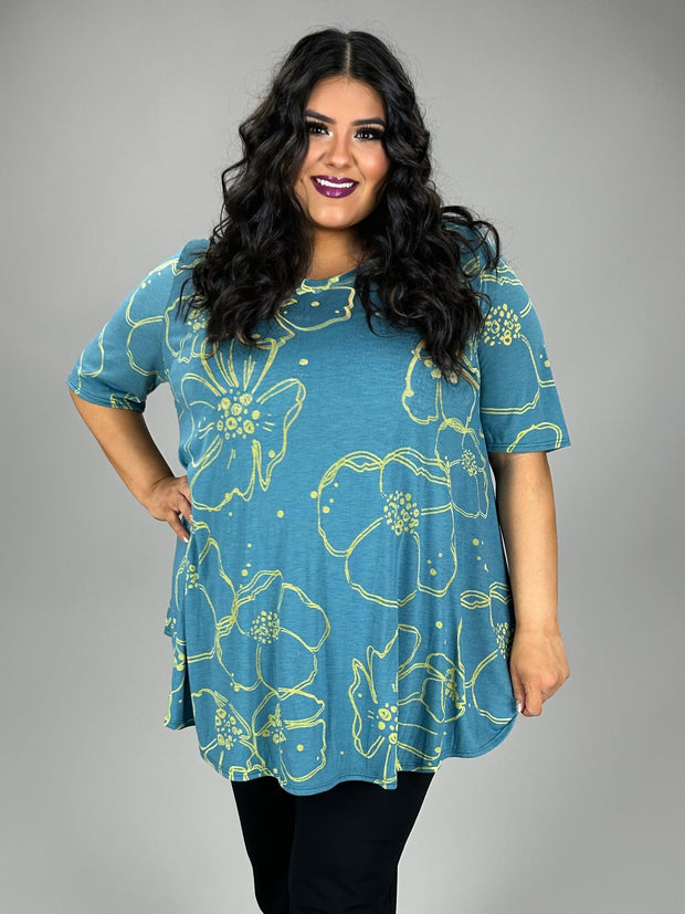 48 PSS {Swapping Stories} Teal/Lime Floral Print V-Neck Top EXTENDED PLUS SIZE 3X 4X 5X