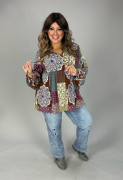 41 PLS {Pieces Of You} Brown/Olive Patchwork Print Top w Tie Detail PLUS SIZE 1X 2X 3X