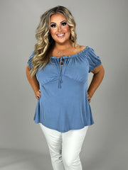 59 OS {Country Chic} Dusty Blue Off Shoulder Top PLUS SIZE 1X 2X 3X