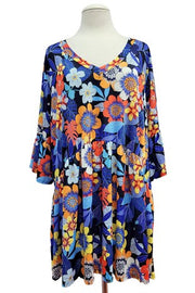 49 PSS {Garden Gate} Blue/Orange Floral Babydoll V-Neck Top  EXTENDED PLUS SIZE 3X 4X 5X