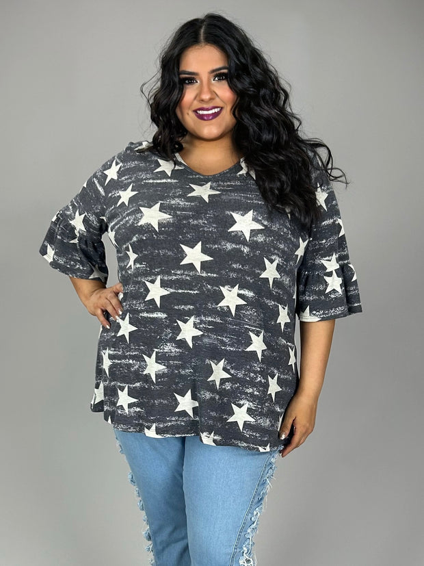 77 PSS-A {Star Energy} Charcoal Star Print Waffle Knit Top PLUS SIZE XL 2X 3X