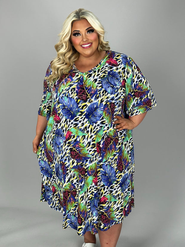 50 PSS {Let It Go} Blue Leaf Print V-Neck Dress EXTENDED PLUS SIZE 3X 4X 5X