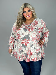 32 PQ-C {Strong Lines} Beige/Mauve Floral V-Neck Top EXTENDED PLUS SIZE 3X 4X 5X