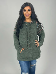 76 HD-A {Cozy On Up} Olive Hoodie W/Tribal Print Contrast  PLUS SIZE XL 2X 3X