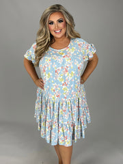 76 PSS-C {Floral Fields} Lt. BLUE Floral Tiered Dress PLUS SIZE 1X 2X 3X