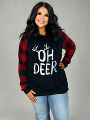 32 HD-A {Oh Deer} Black "Oh Deer" Red Plaid Hoodie PLUS SIZE XL 2X 3X