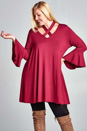 36 SQ {Dreaming Of Elegance} Burgundy V-Neck Top w/  Tie Cross Neck Detail PLUS SIZE XL 2X 3X