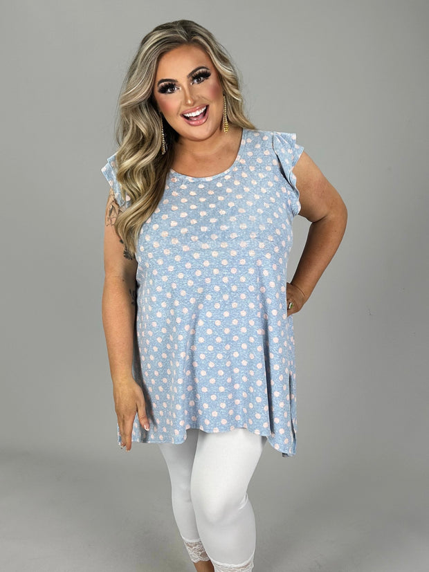 64 PSS-N {Chic Simplicity}  Blue  Pink Polka-Dot Tunic PLUS SIZE 1X 2X 3X