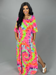 LD-R & I {Yes Please} Neon Multi-Color Tie Dye Maxi Dress PLUS SIZE 1X 2X 3X