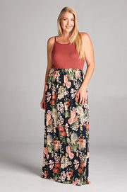 LD-T {Boho Vibes} Rust/Black Floral Long Dress PLUS SIZE 1X 2X 3X