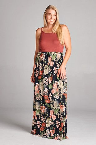 LD-T {Boho Vibes} Rust/Black Floral Long Dress PLUS SIZE 1X 2X 3X