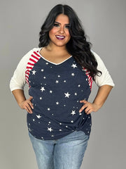 90 CP-A {Symbol Of Pride} Blue Star Red Stripe Print Top PLUS SIZE XL 2X 3X