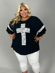 42 SD-Q {Mighty Cross} Black/Ivory Lace Cross & Sleeve Detail Top CURVY BRAND!!!  PLUS SIZE XL 2X 3X (May Size Down 1 Size)