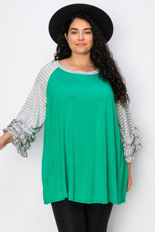 24 CP {Holiday Traditions} Green Top w Grey/Ivory Grey Ruffle Sleeves EXTENDED PLUS SIZE 3X 4X 5X 6X