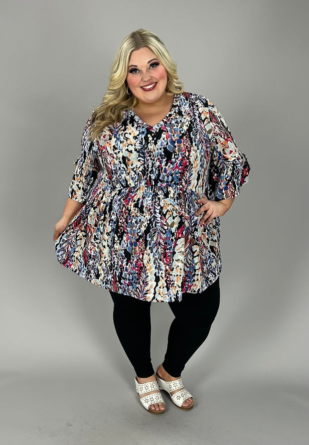 37 PQ {Hold My Hand} Black Blue Multi Print Babydoll Top EXTENDED PLUS SIZE 3X 4X 5X