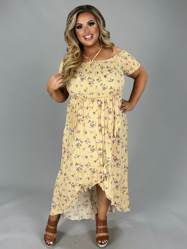 LD-B {Feeling Smitten} Mellow Yellow Smock Floral Hi/Low Maxi PLUS SIZE 1X 2X 3X