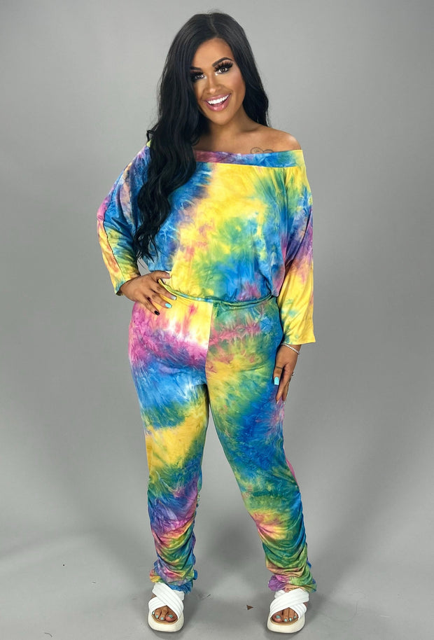 LD-D {Dye To Try} Blue Tie Dye Off Shoulder Jumpsuit PLUS SIZE 1X 2X 3X