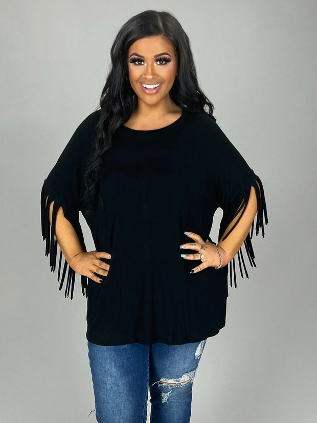 77 SSS-F {Flirty in Fringe} Black Tunic W/Fringe Sleeves PLUS SIZE 1X 2X 3X