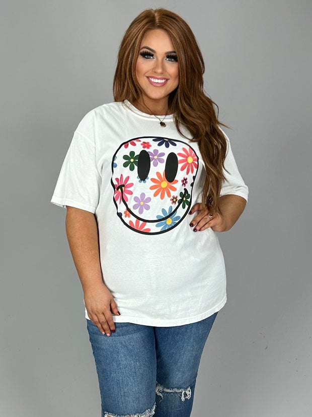 12 GT-K {Blooming Smile} White Daisy Smiley  Graphic Tee {COMFORT COTTON!!!}PLUS SIZE 1X 2X 3X