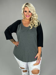 SALE!! 25 CP {Take Me Out} Heather Grey/Black Raglan Sleeve Top PLUS SIZE 1X  2X 3X