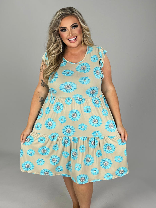 52 PSS-A {Daisy Blue} Grey/Blue Print Tiered  Dress  PLUS SIZE 1X 2X 3X