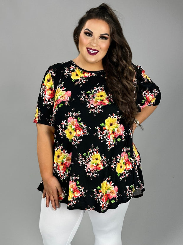 59 PSS {A Little Curvy Yellow} Black/Yellow Floral Top PLUS SIZE 1X 2X 3X