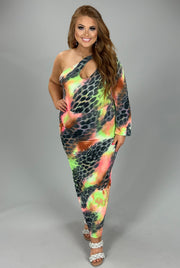 SALE!! LD-N {Call Me Baby} Pink/Green Leopard One Shoulder Dress PLUS SIZE XL 2X 3X