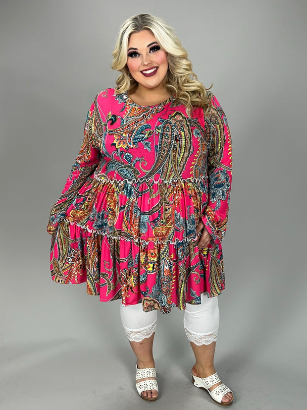 57 PLS {One More Try} Fuchsia Paisley Print Tiered Top EXTENDED PLUS SIZE 3X 4X 5X