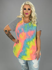 33 CP-P {All I Know} Neon Coral Tie Dye Stripe Sleeve Top PLUS SIZE XL 2X 3X