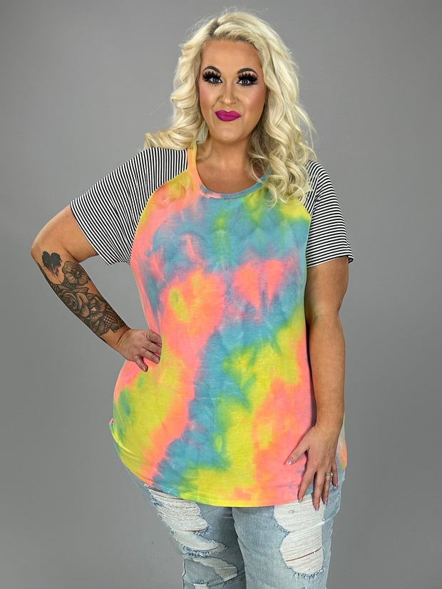 SALE!! 33 CP-P {All I Know} Neon Coral Tie Dye Stripe Sleeve Top PLUS SIZE XL 2X 3X