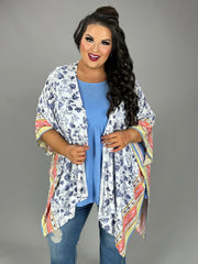 SALE!! 33 OT-A {Still Holds True} Ivory/Blue Floral Kimono PLUS SIZE XL 2X 3X