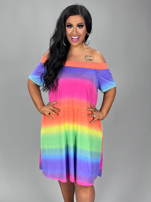 93 OS-A {The Rainbow Never Ends} Multi-Color Off Shoulder Dress PLUS SIZE 1X 2X 3X