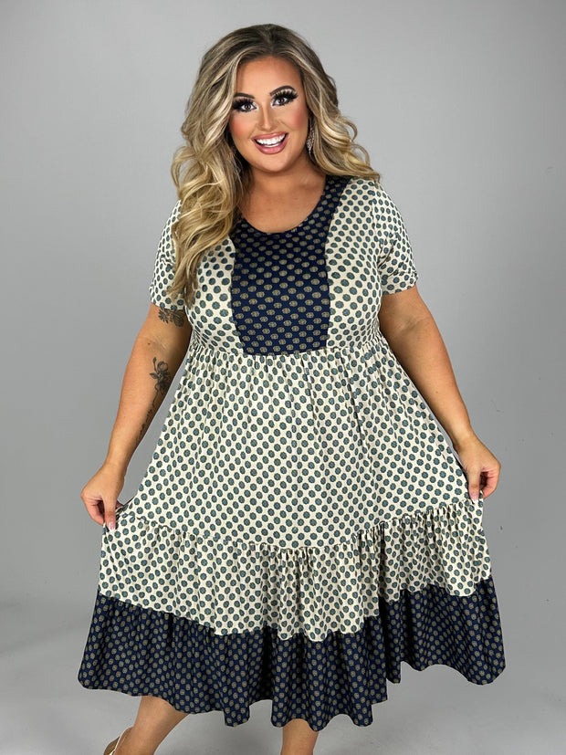 SALE!! 37 CP-F {Sweet Attraction} Taupe/Navy Print Tiered Dress PLUS SIZE 1X 2X 3X