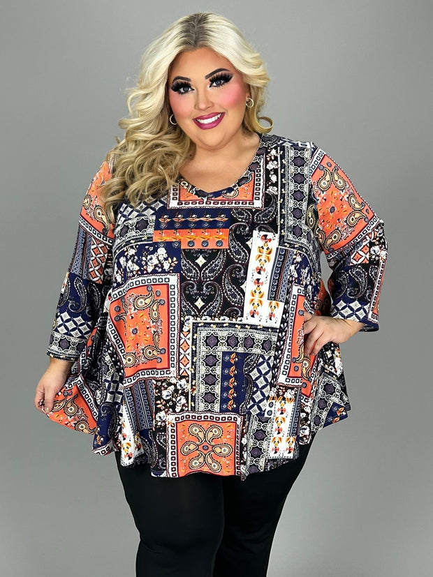 18 PQ [Brisk Stroll} Blue & Orange Paisley  V-Neck Top EXTENDED PLUS SIZE 3X 4X 5X