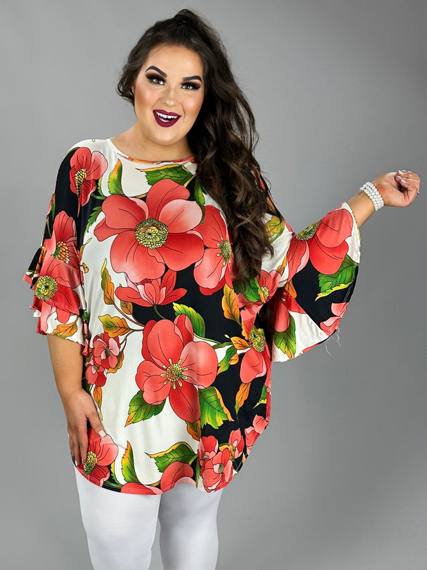 26 PQ {Getting Inspired} Ivory/Coral Large Floral Print Tunic EXTENDED PLUS SIZE 3X 4X 5X