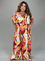 LD-P {Spicy Girl} Multi-Color Print Off Shoulder Jumpsuit PLUS SIZE 1X 2X 3X