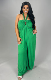 LD-Y {Resort Queen} Green Off Shoulder Wide Leg Jumpsuit PLUS SIZE 1X 2X 3X