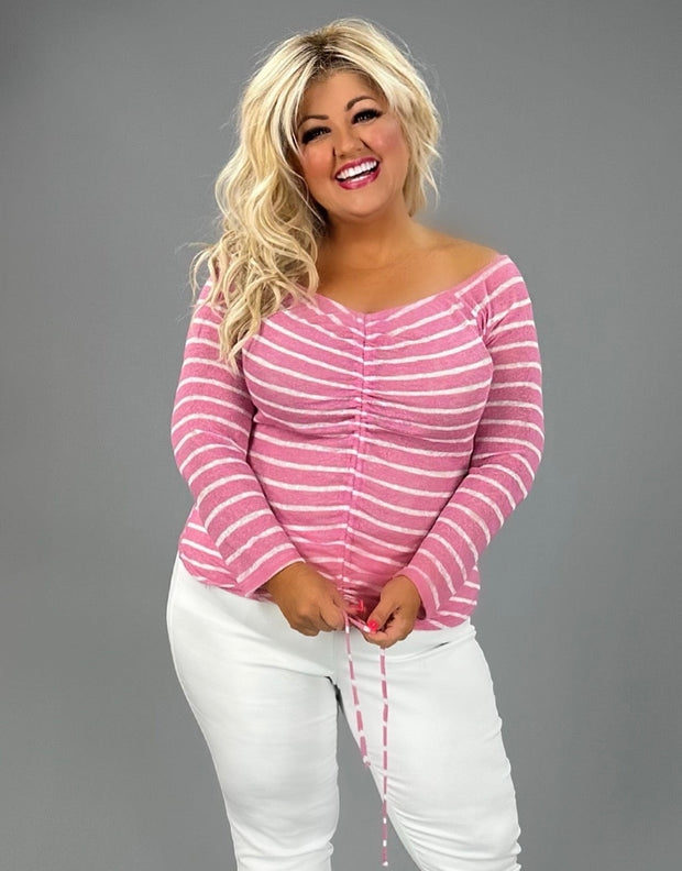 25 OS-N {Pink Perfection} Pink Stripe Drawstring Top PLUS SIZE XL 2X 3X