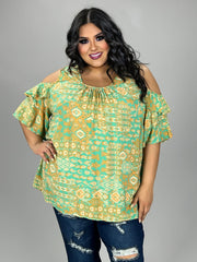 31 OS {So Charming} Mint/Orange Print Open Shoulder Top PLUS SIZE 1X 2X 3X