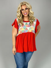 34 CP-Y {Too Hot To Handle} Red Print Babydoll Top PLUS SIZE XL 2X 3X