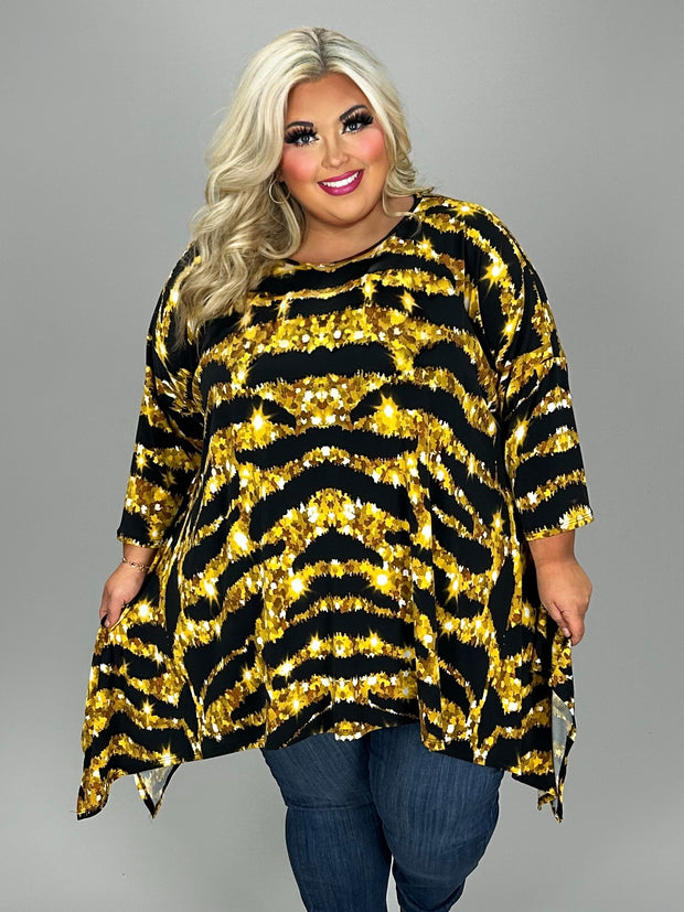 25 PQ {Happy State Of Mind} Gold/Black Print Top EXTENDED PLUS SIZE 3X 4X 5X