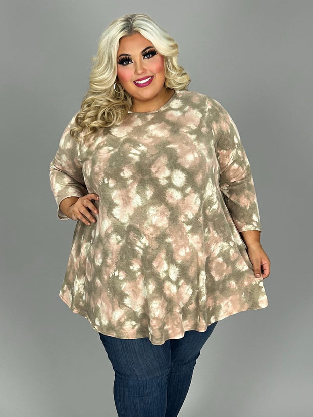 43 PQ-C {Hopeful Dreamer} Taupe/Pink Tie Dye Top EXTENDED PLUS SIZE 3X 4X 5X