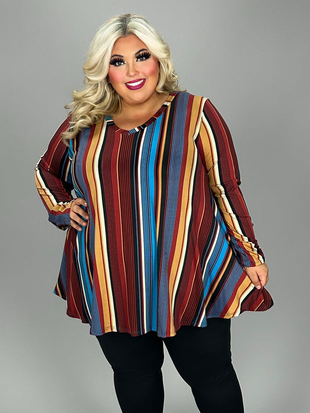 12 PLS {Makes You Happy} Rust/Teal Stripe Print V-Neck Top EXTENDED PLUS SIZE 3X 4X 5X